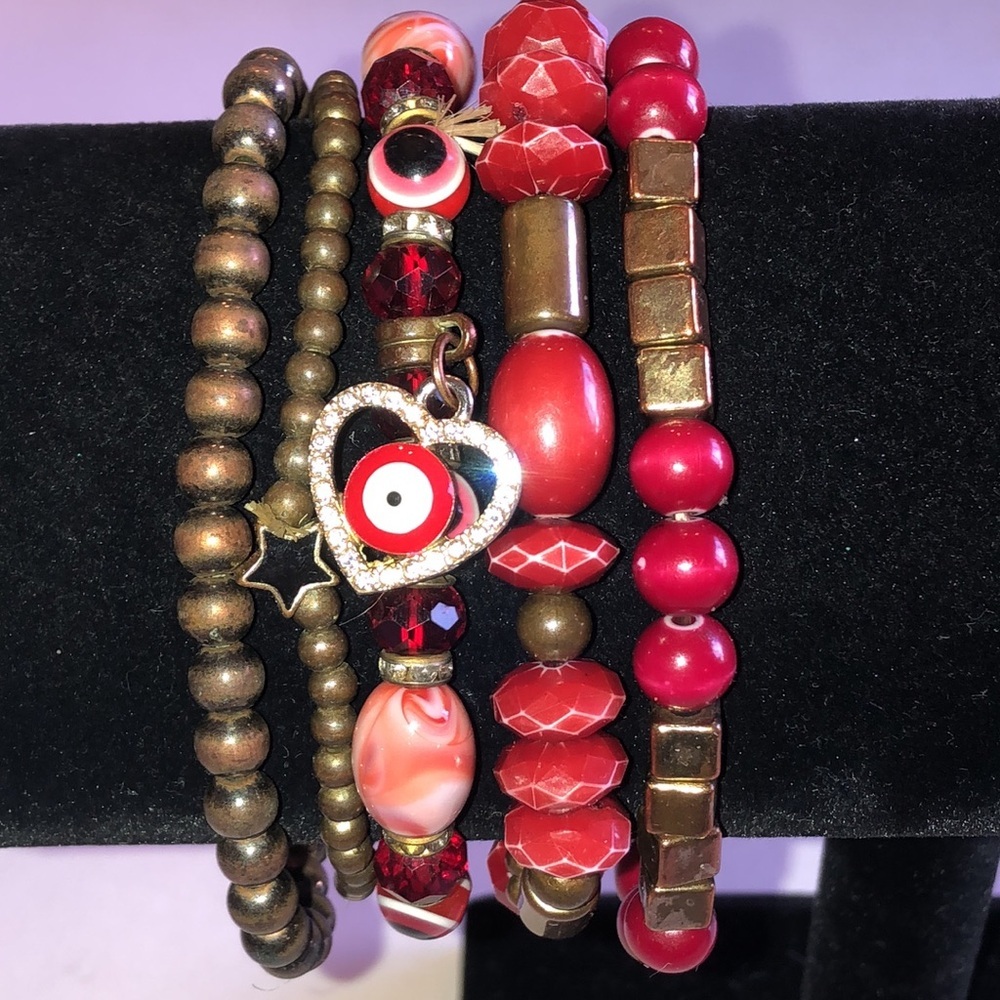 Red and Brass Tone Beaded Boho Evil Eye Bracelet Set